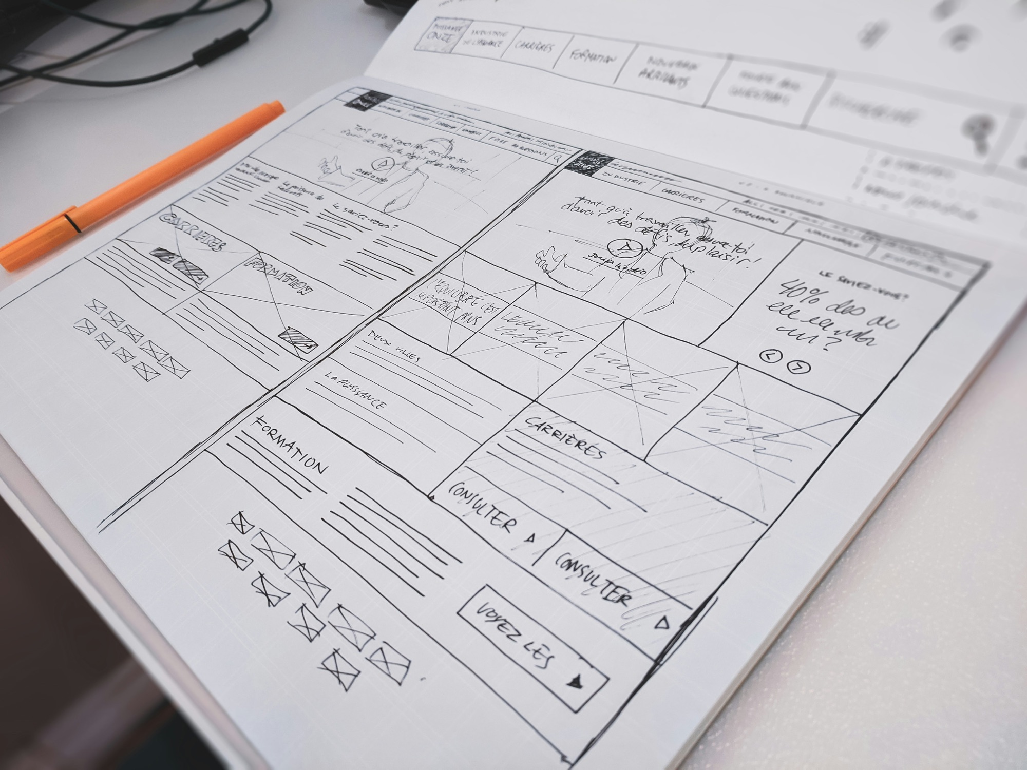 A hand-drawn website wireframe on paper with an orange pen