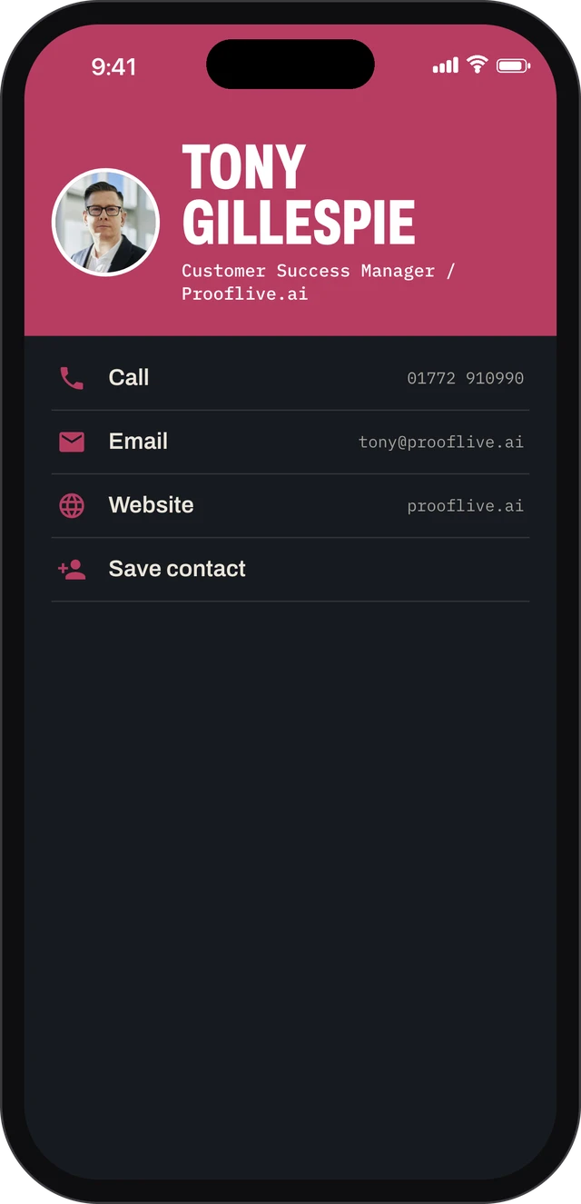 Tony Gillespie's card on an iPhone after connecting: his photo, name and Customer Success Manager on pink, then Call, Email, Website and Save contact.