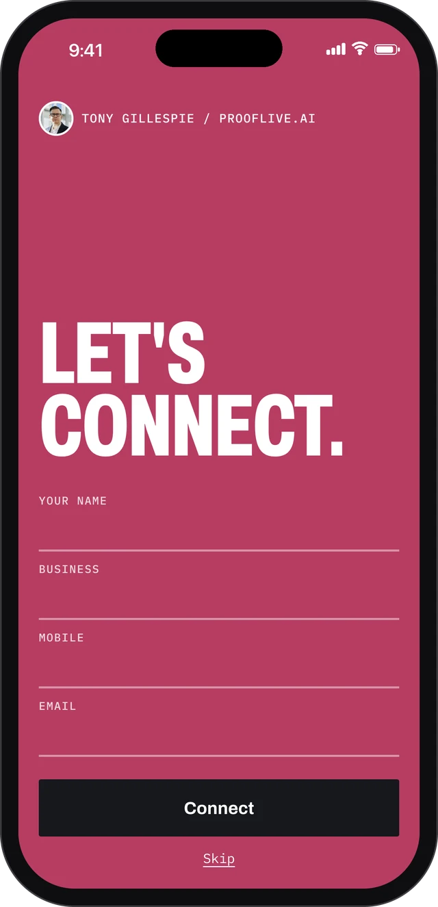 Tony Gillespie's Connect card on an iPhone: Let's connect in huge white letters on pink, with fields for name, business, mobile and email.