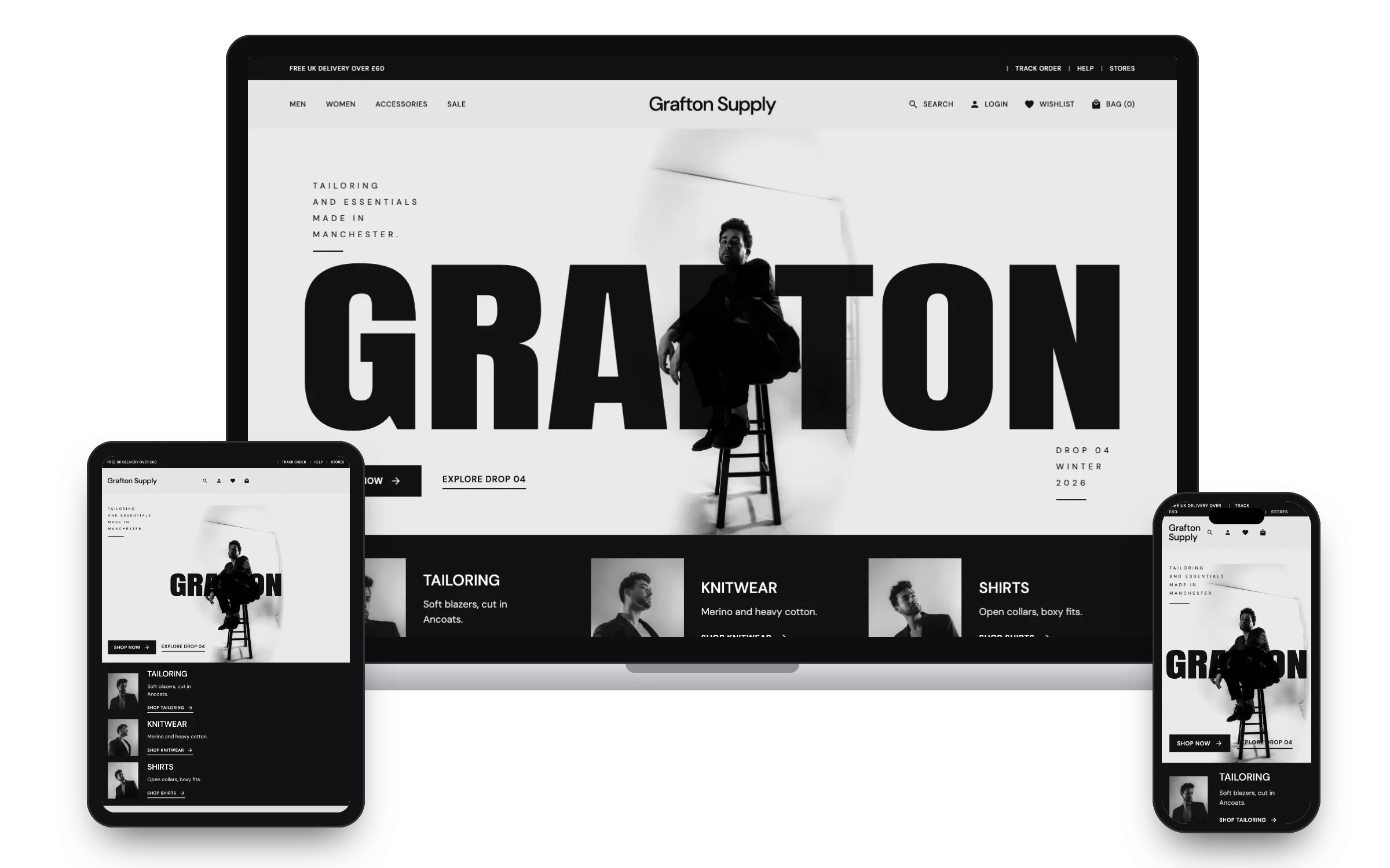 The Grafton Supply example site on a laptop, a tablet and a phone.