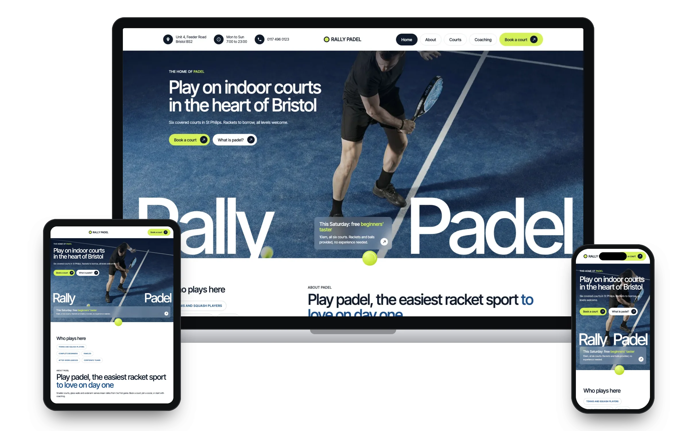 The Rally Padel example site on a laptop, a tablet and a phone.