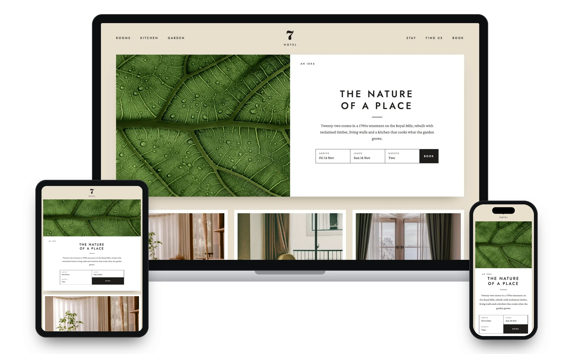 The No. 7 Hotel example site on a laptop, a tablet and a phone.
