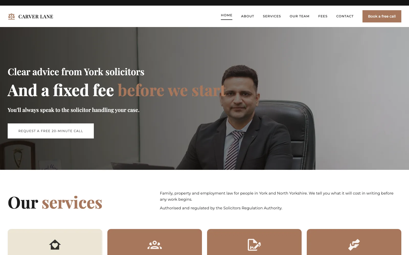 Carver Lane Solicitors homepage: a solicitor at his desk behind the headline And a fixed fee before we start, then copper and sand service cards with fixed fees.