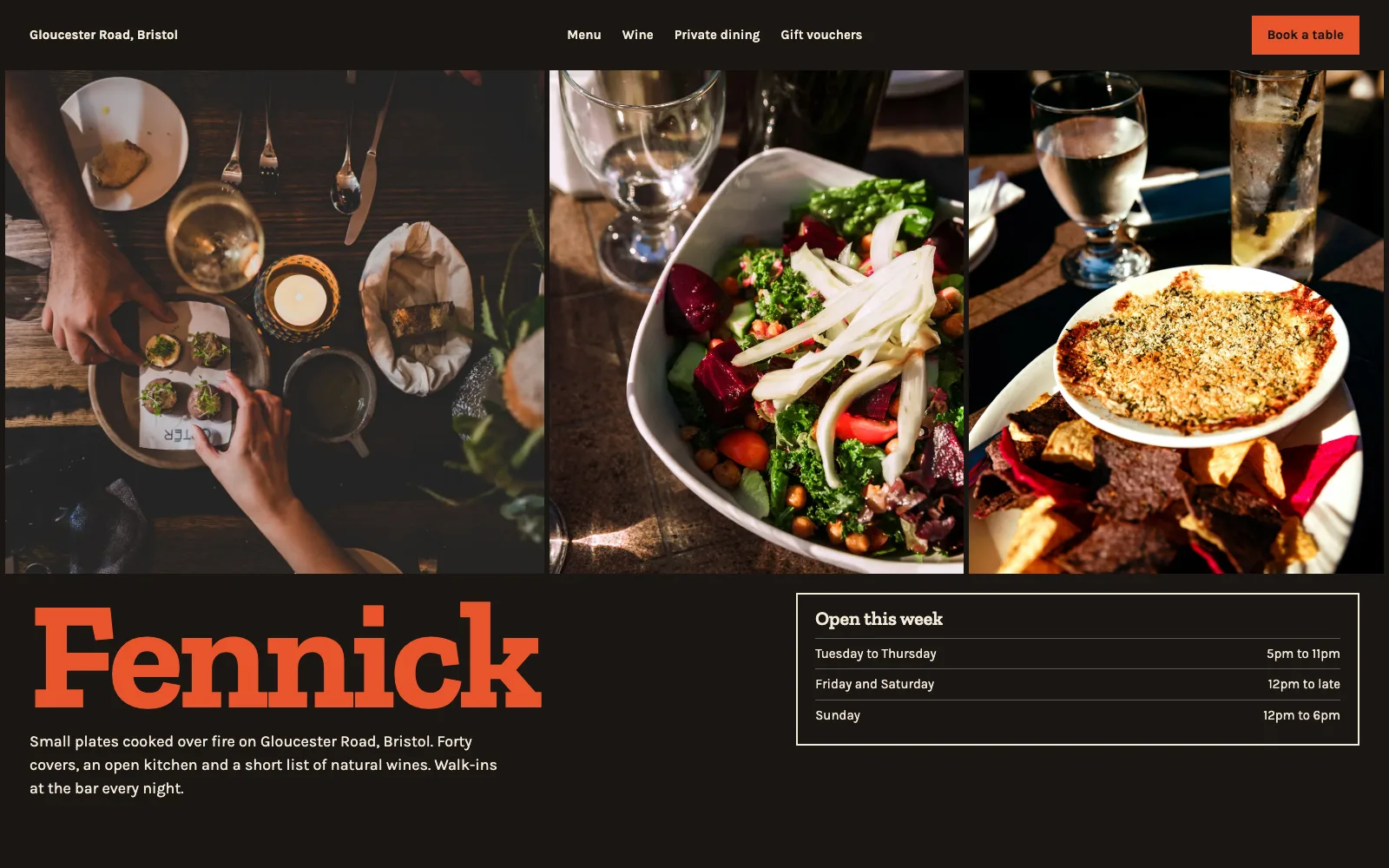 A restaurant website with small plates on a dark table and the words Small plates cooked over fire