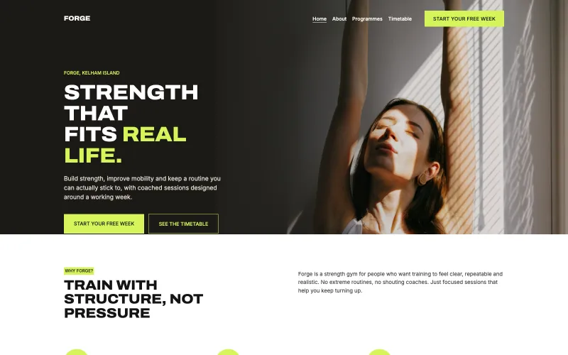 Forge homepage: a woman stretching in warm side light, STRENGTH THAT FITS REAL LIFE in bold capitals with lime highlights, and lime buttons.