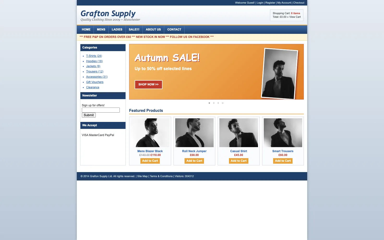 Example business, before: a dated clothing shop website from 2014 with a blue gradient header, an orange Autumn SALE banner, a category sidebar and a small product grid.