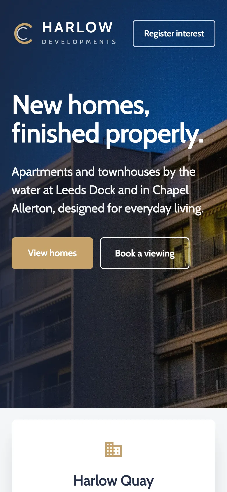 The Harlow Quay example site on a phone.