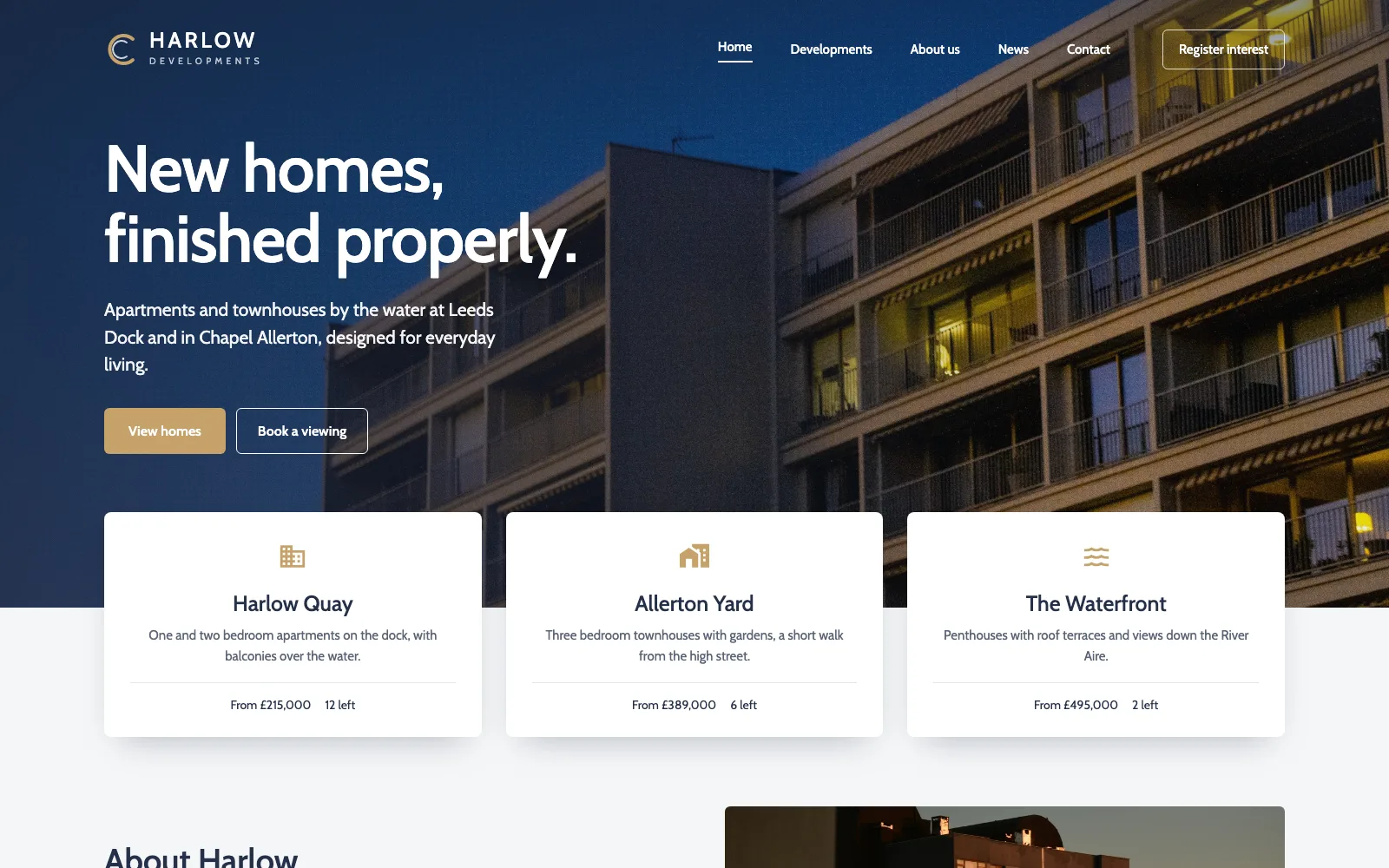 Harlow Developments homepage: a dusk photo of new apartments with the headline New homes, finished properly, gold buttons, and three white cards with developments and prices.