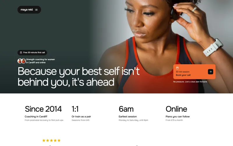 Maya Reid homepage: a close portrait on soft teal with the headline Because your best self isn't behind you, it's ahead, and an orange Book your call card.