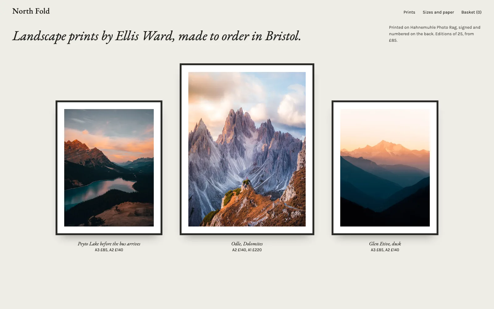 A print shop website with bold type and product photographs