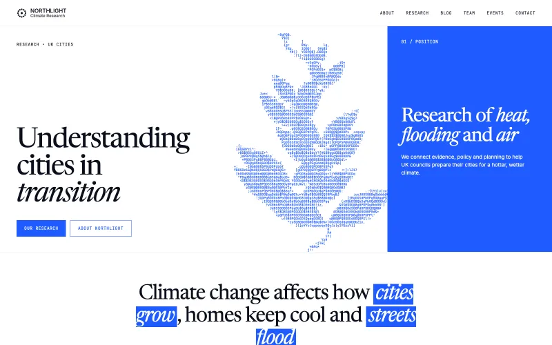 Northlight homepage: Understanding cities in transition in a large serif, a botanical sprig drawn in blue text characters, and a solid blue panel.