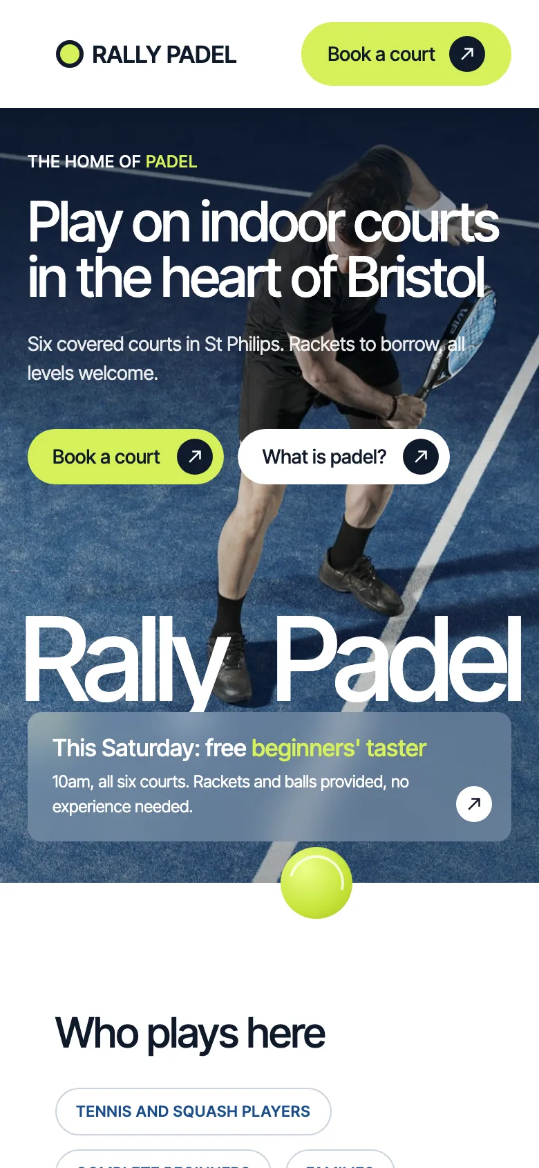 The Rally Padel Club example site on a phone.
