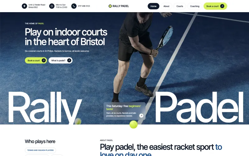 Rally Padel homepage: a rounded photo of a player on a blue indoor court with Rally Padel in huge white letters across it, a frosted card for a free beginners' taster and a tennis ball.