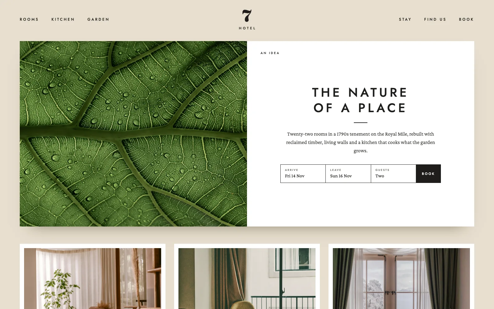 The new No. 7 Hotel homepage: a big serif 7, a leaf photograph beside The nature of a place in tracked capitals, a booking bar and room cards on linen.