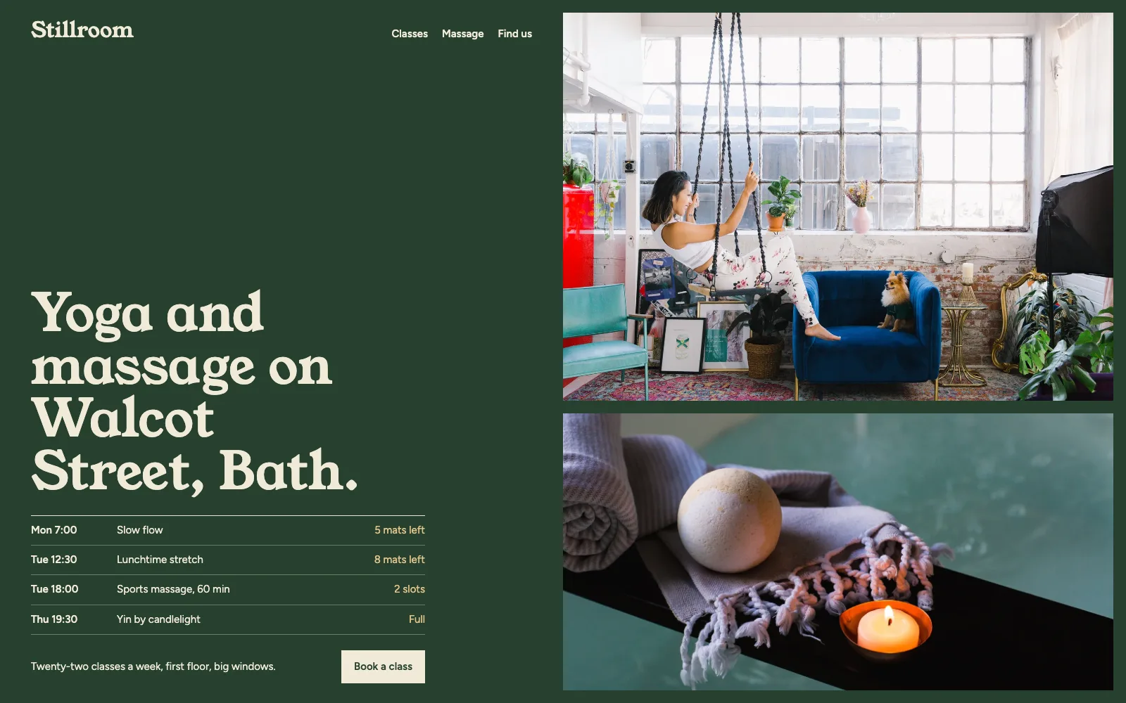 A yoga and massage studio website with a full-width studio photograph