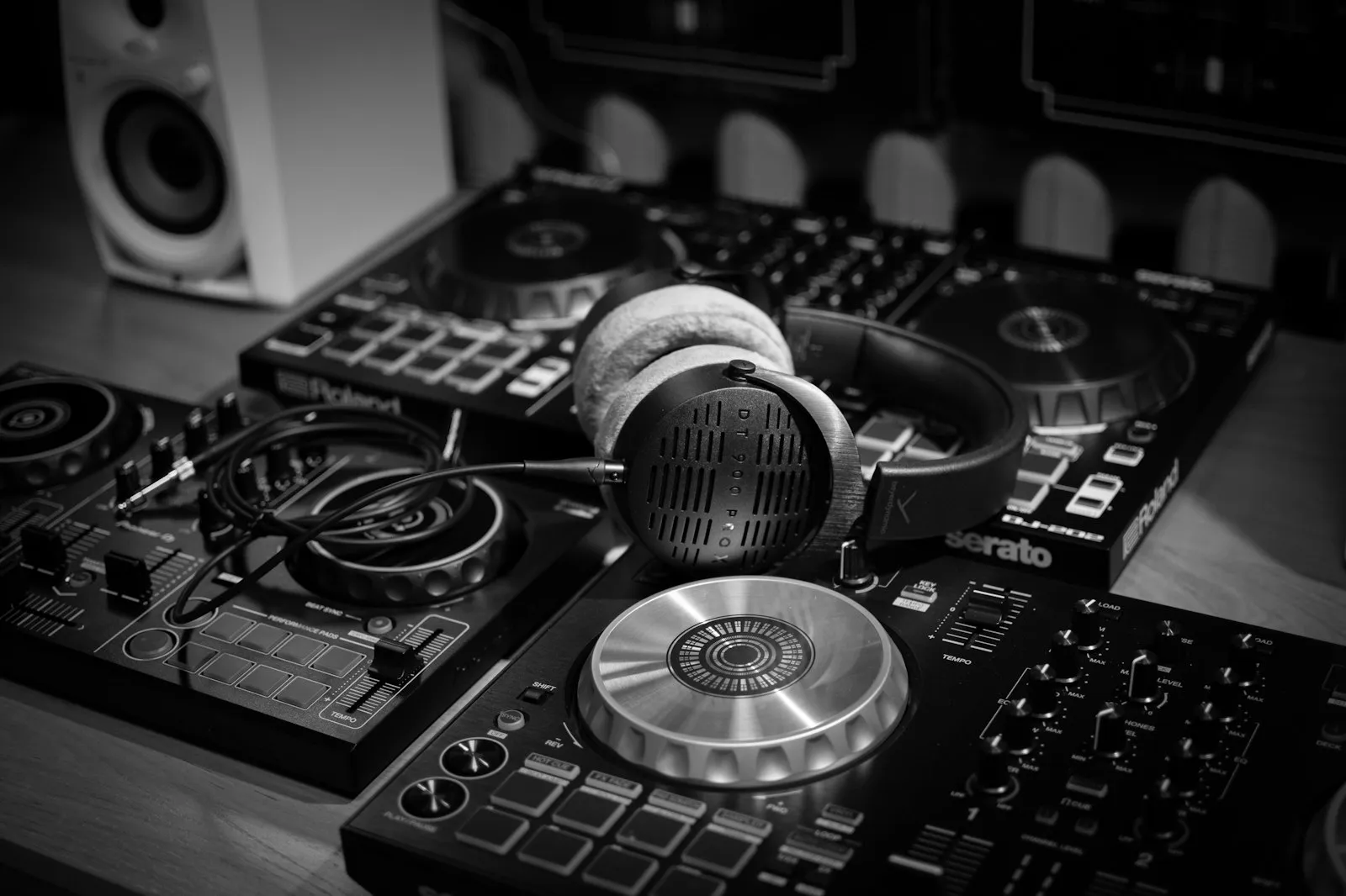 Headphones resting on a DJ controller beside a monitor speaker.