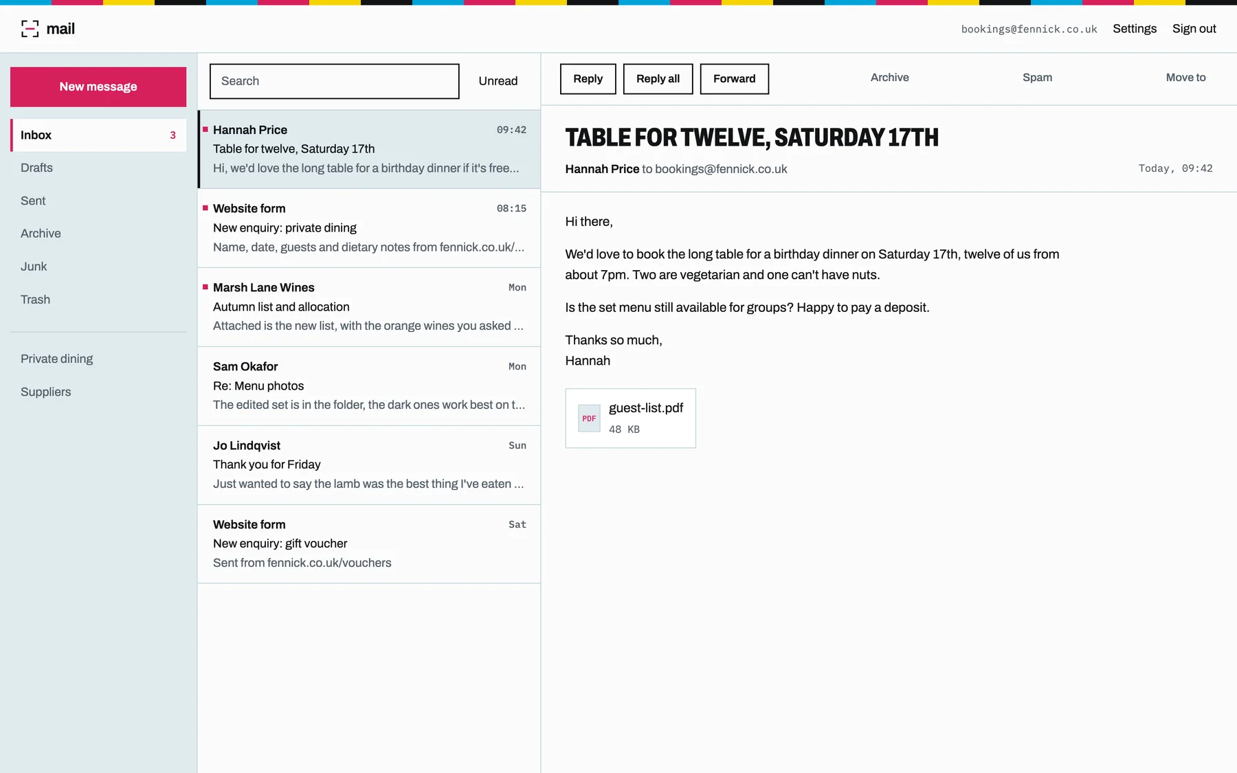 Prooflive.ai webmail for the address bookings@fennick.co.uk: folders, an inbox with a table booking and website form enquiries, and the booking open in the reading pane.
